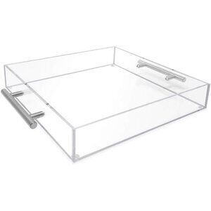 Clear Acrylic Serving Tray (12x12) with Silver Metal Handles, Spill-Proof